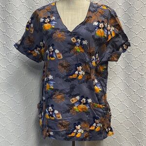 Disney size large Gray and Orange Halloween Mickey Mouse Scrub Top drawstring